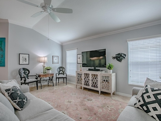 1982 Eldridge Loop, The Villages, FL 32162 - tiled living area with a ceiling fan, vaulted ceiling, and ornamental molding