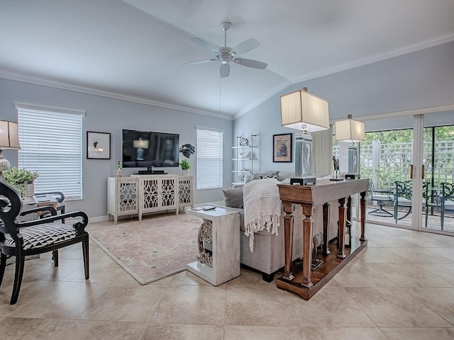 1982 Eldridge Loop, The Villages, FL 32162 - living room with ornamental molding, healthy amount of natural light, ceiling fan, vaulted ceiling, and light tile patterned flooring