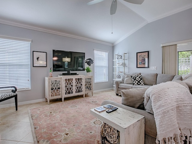 1982 Eldridge Loop, The Villages, FL 32162 - tiled living room featuring vaulted ceiling, crown molding, and ceiling fan