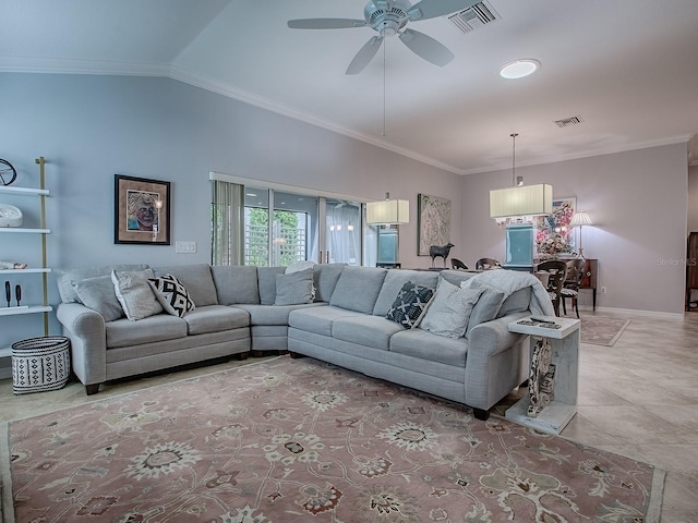 1982 Eldridge Loop, The Villages, FL 32162 - living room featuring ceiling fan, crown molding, and vaulted ceiling