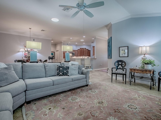 1982 Eldridge Loop, The Villages, FL 32162 - living room with a ceiling fan, crown molding, and recessed lighting