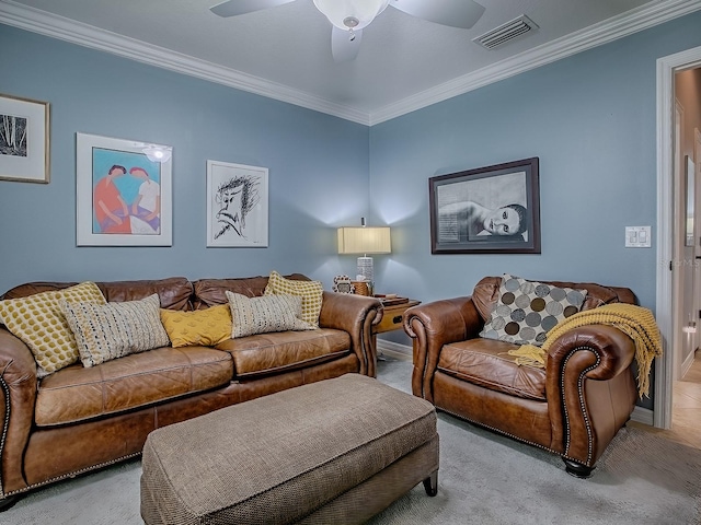 1982 Eldridge Loop, The Villages, FL 32162 - living area with ornamental molding, light carpet, and a ceiling fan