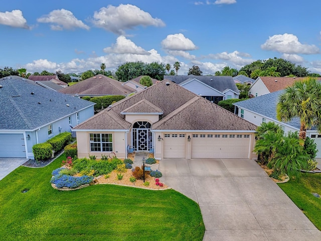 1982 Eldridge Loop, The Villages, FL 32162 - view of front facade with an attached garage, concrete driveway, a front lawn, stucco siding, and a shingled roof