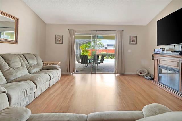 1216 Cheshire St, Groveland, FL 34736 - living room with wood finished floors, a glass covered fireplace, and lofted ceiling