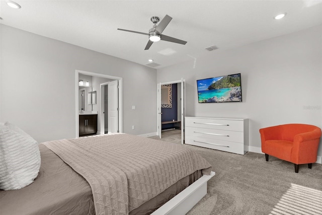 2163 White Feather Loop, Oakland, FL 34787 - bedroom featuring light colored carpet, recessed lighting, a ceiling fan, and ensuite bathroom