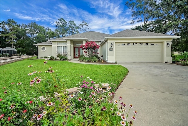 5349 Grove Mnr, Lady Lake, FL 32159 - view of front of property featuring concrete driveway, stucco siding, an attached garage, a front lawn, and a shingled roof