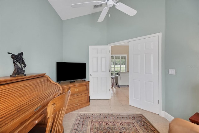 5349 Grove Mnr, Lady Lake, FL 32159 - office area featuring light tile patterned floors, ceiling fan, and high vaulted ceiling