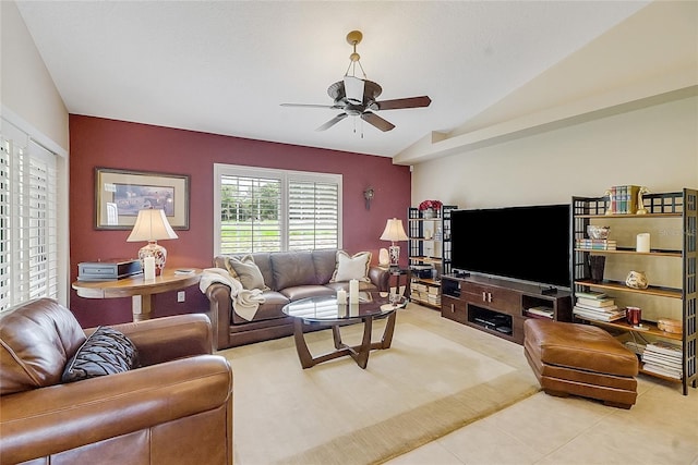 5349 Grove Mnr, Lady Lake, FL 32159 - living room with ceiling fan, lofted ceiling, and tile patterned floors
