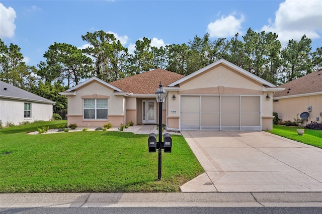 11816 SE 91st Cir, Summerfield, FL 34491 - ranch-style home with stucco siding, an attached garage, concrete driveway, and a front lawn