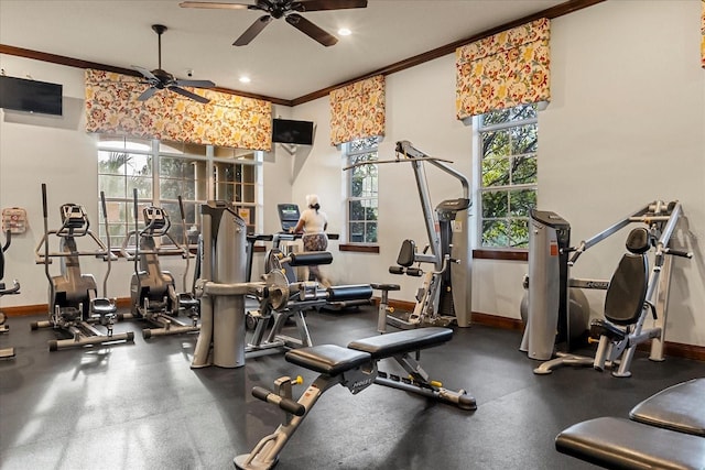 30300 Hackney Loop, Mount Dora, FL 32757 - gym featuring a ceiling fan, ornamental molding, and recessed lighting