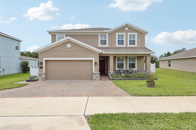 49 White Horse Way, Groveland, FL 34736 - view of front of house featuring a porch, stucco siding, decorative driveway, a front lawn, and a garage
