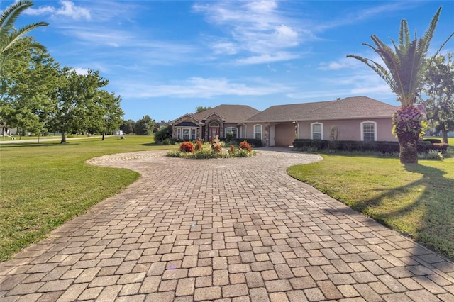 18139 Great Blue Heron Dr, Groveland, FL 34736 - ranch-style home featuring curved driveway, a front lawn, and stucco siding
