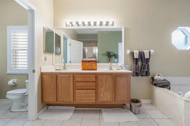 9015 Saint Andrews Way, Mount Dora, FL 32757 - full bath featuring double vanity, a garden tub, tile patterned flooring, and an enclosed shower