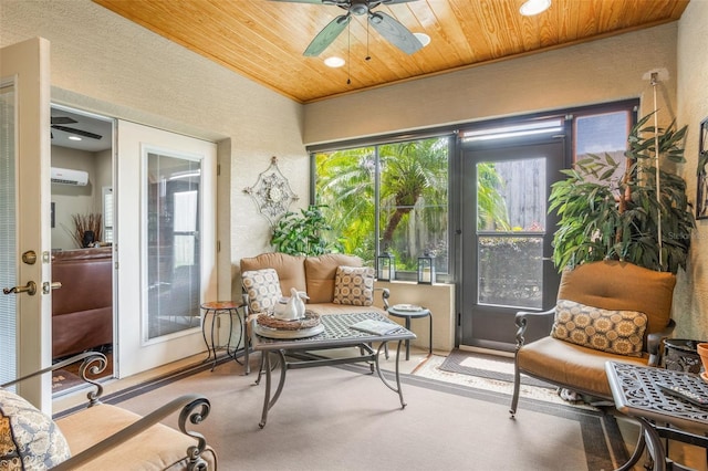 9015 Saint Andrews Way, Mount Dora, FL 32757 - sunroom / solarium featuring wooden ceiling, a wall unit AC, a textured wall, recessed lighting, and carpet flooring