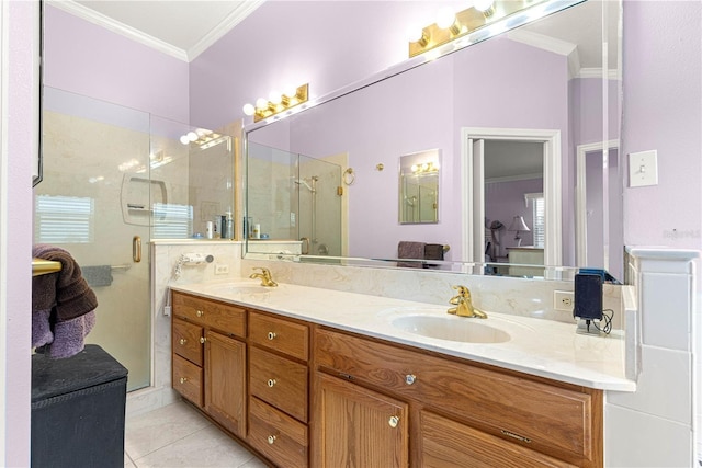 89 Palermo Pl, The Villages, FL 32159 - bathroom featuring ornamental molding, a shower stall, double vanity, and tile patterned floors