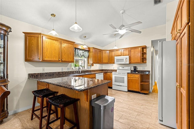 89 Palermo Pl, The Villages, FL 32159 - kitchen with white appliances, open shelves, vaulted ceiling, brown cabinetry, and ceiling fan