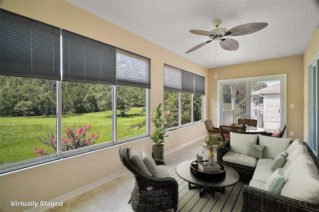182 Palermo Pl, Lady Lake, FL 32159 - sunroom with ceiling fan, tile patterned floors, and outdoor lounge area