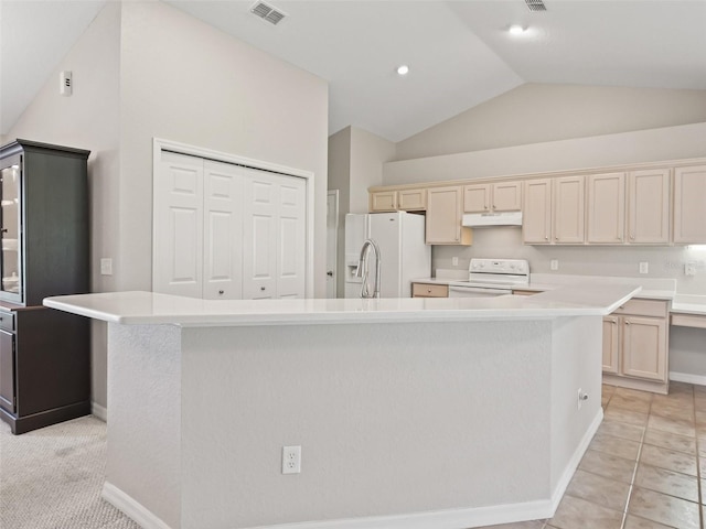 11092 SE 174th Loop, Summerfield, FL 34491 - kitchen with white appliances, under cabinet range hood, light countertops, a center island with sink, and high vaulted ceiling