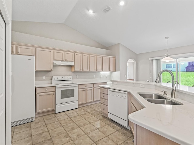 11092 SE 174th Loop, Summerfield, FL 34491 - kitchen with white appliances, under cabinet range hood, lofted ceiling, pendant lighting, and arched walkways