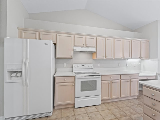 11092 SE 174th Loop, Summerfield, FL 34491 - kitchen featuring white appliances, under cabinet range hood, vaulted ceiling, light countertops, and light tile patterned floors