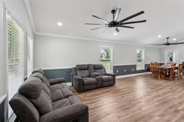 40535 Louise Rd, Umatilla, FL 32784 - living area with a ceiling fan, light wood-style flooring, crown molding, and recessed lighting
