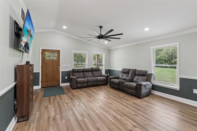 40535 Louise Rd, Umatilla, FL 32784 - living room with a ceiling fan, light wood finished floors, lofted ceiling, crown molding, and recessed lighting