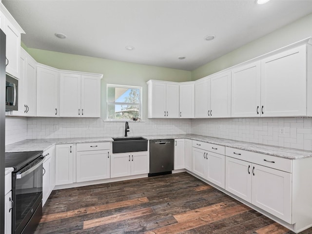 8567 Crk 635, Bushnell, FL 33513 - kitchen with black appliances, white cabinetry, backsplash, light stone counters, and recessed lighting