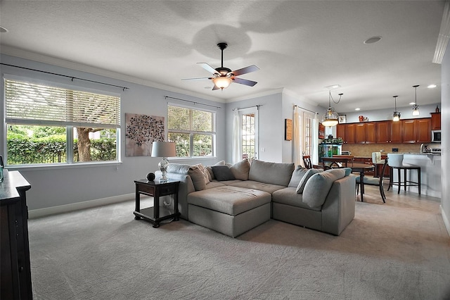 30230 Tokara Ter, Mount Dora, FL 32757 - living room with light colored carpet, crown molding, and a ceiling fan