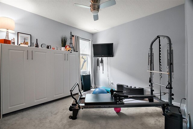 30230 Tokara Ter, Mount Dora, FL 32757 - workout area featuring a ceiling fan, a textured ceiling, and light carpet