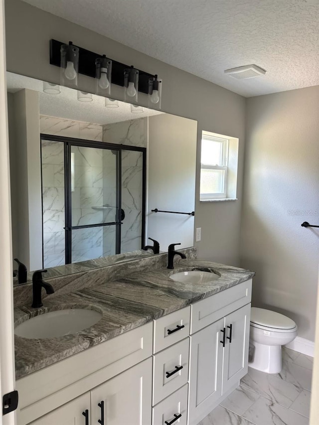 6805 N Sandborn Loop, Citrus Springs, FL 34433 - bathroom with marble finish flooring, double vanity, a marble finish shower, and a textured ceiling