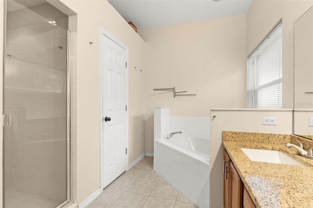 1532 Nightfall Dr, Clermont, FL 34711 - bathroom with vanity, a stall shower, tile patterned flooring, and a bath