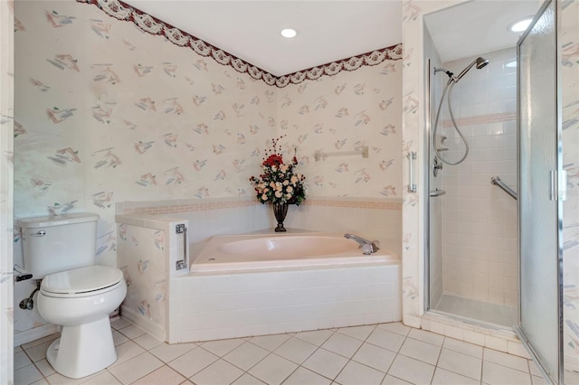 9835 Lakeshore Dr, Clermont, FL 34711 - full bath with wallpapered walls, tile patterned flooring, a garden tub, a shower stall, and recessed lighting