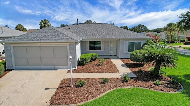 17707 SE 92nd Grantham Ter, The Villages, FL 32162 - view of front facade with concrete driveway, a garage, a shingled roof, and a front lawn