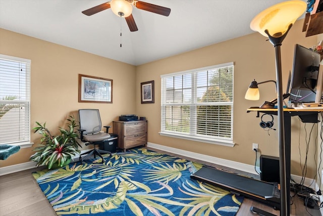 406 Benjamin Ct, Fruitland Park, FL 34731 - living area featuring wood finished floors, ceiling fan, and an office area