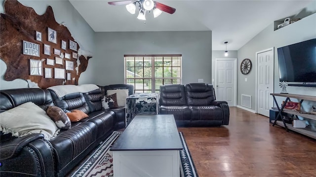 11746 Oswalt Rd, Clermont, FL 34711 - living room featuring ceiling fan, dark wood-style floors, and vaulted ceiling