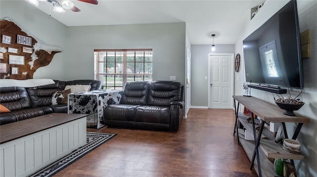 11746 Oswalt Rd, Clermont, FL 34711 - living room with a ceiling fan and dark wood-style floors