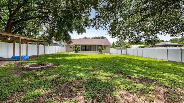 11746 Oswalt Rd, Clermont, FL 34711 - fenced backyard featuring a fire pit and a sunroom