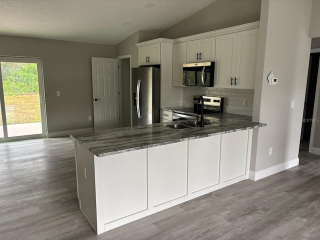 3838 W Baton Ln, Citrus Springs, FL 34433 - kitchen featuring stainless steel appliances, lofted ceiling, dark stone countertops, backsplash, and light wood finished floors