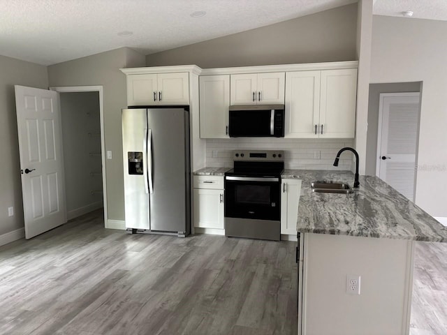 3838 W Baton Ln, Citrus Springs, FL 34433 - kitchen featuring appliances with stainless steel finishes, lofted ceiling, tasteful backsplash, light wood-style flooring, and a peninsula