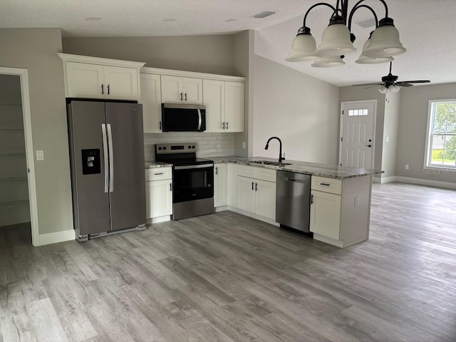 3838 W Baton Ln, Citrus Springs, FL 34433 - kitchen featuring stainless steel appliances, a peninsula, lofted ceiling, light wood finished floors, and light stone counters