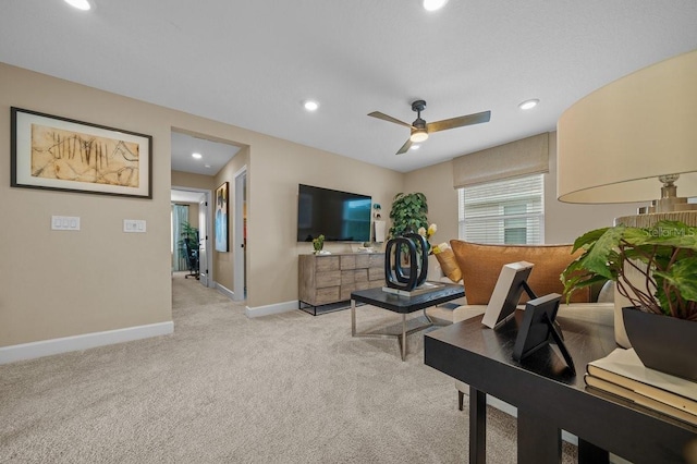 3916 Southern Vista Loop, Saint Cloud, FL 34772 - living area with light colored carpet, a ceiling fan, and recessed lighting