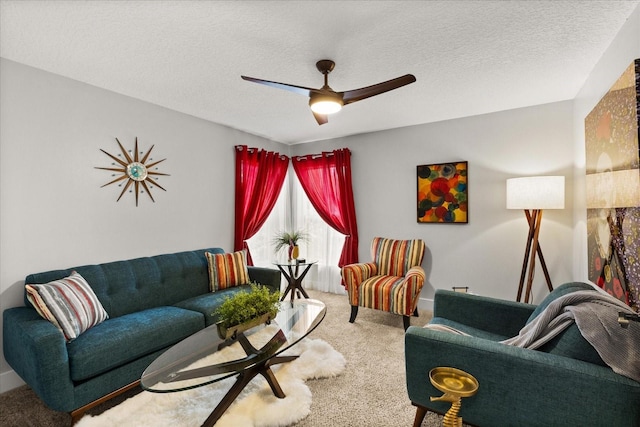 17525 SE 111th Cir, Summerfield, FL 34491 - living room with carpet floors, ceiling fan, and a textured ceiling