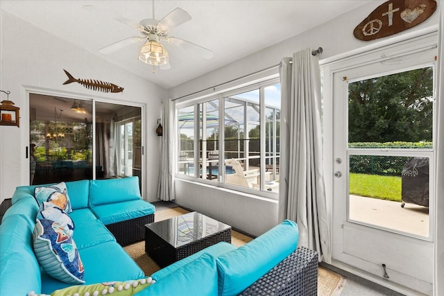 17525 SE 111th Cir, Summerfield, FL 34491 - sunroom / solarium featuring an outdoor living space, a ceiling fan, plenty of natural light, and lofted ceiling