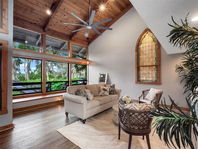 1978 Brantley Cir, Clermont, FL 34711 - living room with high vaulted ceiling, a wood ceiling with exposed beams, wood finished floors, and ceiling fan