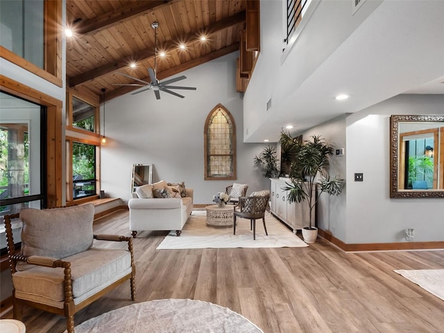 1978 Brantley Cir, Clermont, FL 34711 - living room with light wood-style floors, a wooden ceiling with exposed beams, a ceiling fan, and high vaulted ceiling