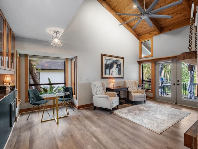 1978 Brantley Cir, Clermont, FL 34711 - sitting room with light wood-type flooring, ceiling fan, high vaulted ceiling, french doors, and a wood ceiling with exposed beams