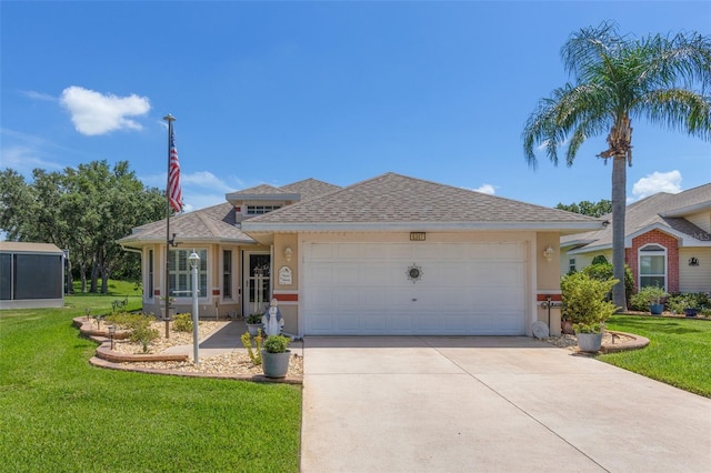 6307 Berkshire Pass, Leesburg, FL 34748 - ranch-style home featuring driveway, a front lawn, stucco siding, a garage, and roof with shingles