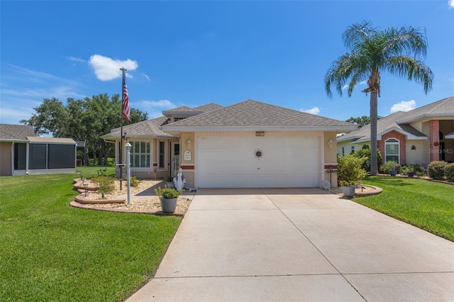 6307 Berkshire Pass, Leesburg, FL 34748 - ranch-style home featuring concrete driveway, stucco siding, a front yard, an attached garage, and roof with shingles
