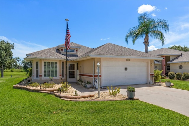6307 Berkshire Pass, Leesburg, FL 34748 - view of front of property featuring concrete driveway, stucco siding, a front yard, a garage, and roof with shingles