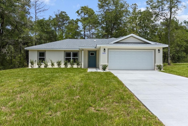 671 E Toledo Dr, Citrus Springs, FL 34434 - ranch-style house with a garage, driveway, a front yard, stucco siding, and roof with shingles
